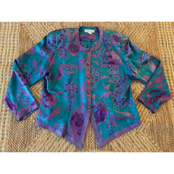 80's Vintage NORA NOH cropped silk Blazer floral abstract Size 16 - Picture 1 of 8